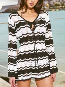 Nöista Women's Hollow Wave Striped Front Tie Cover Up Dress, Vacation - Black and White - View 3