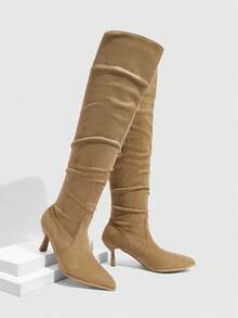 Daringsoles Women's Fashionable Elegant Pointed Toe High Heel Over-The-Knee Boots - Khaki - View 2