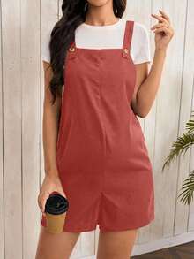 SHEIN Maternity Solid Color Spaghetti Strap Pocket Button Casual Jumpsuit - Burnt Orange - View 4