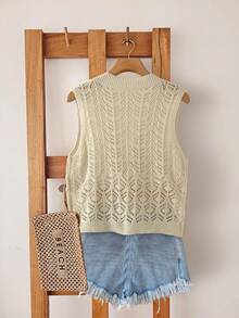 SHEIN LUNE Women's Solid Color Hollow Out Single-Breasted Vest Cardigan For Vacation - Apricot - View 2