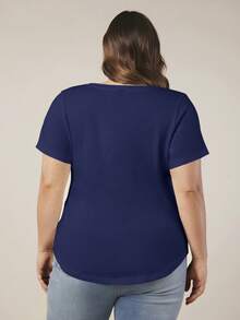 EMERY ROSE Plus Size Casual Solid Color V-Neck Short Sleeve T-Shirt, Summer - Navy Blue - View 2