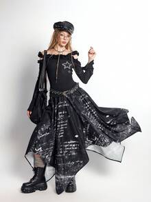 Bloopia 女士休闲复古字母印花A字裙，春夏款 - 黑色 - 查看 5