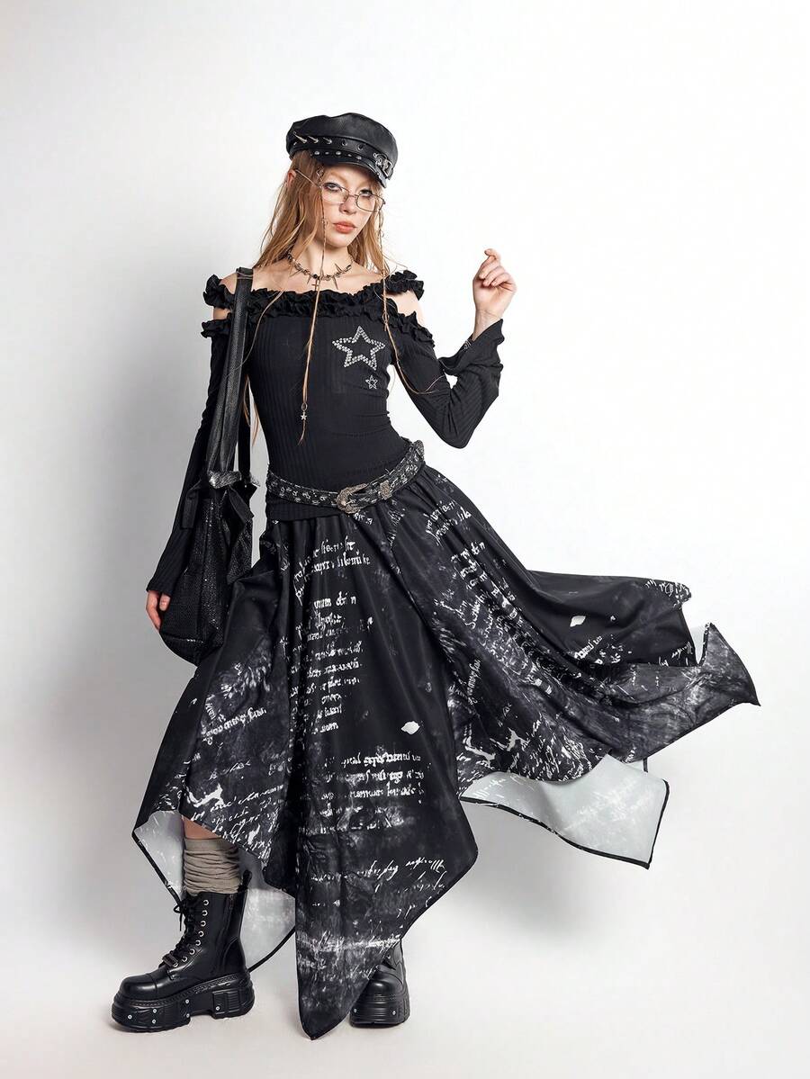 Bloopia Women's Casual Retro Letter Print A-Line Skirt, Spring/Summer - Black - View 1