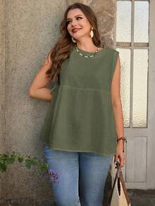Rosumi Plus Size Women Solid Color Round Neck Side Tie Casual Loose Tank Top - Green - View 8