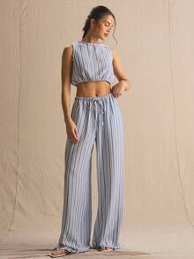 MUSERA Stripe Drawstring Wide Leg Co-Ord Trousers Only Spring Summer Cosy Cute Daily Girly Vacation Spring Outfit Casual Easter Casa De Muse - Blue and White - View 4