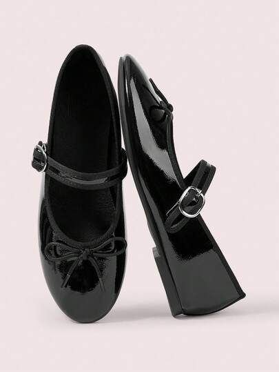 CUCCOO DOLLMOD Women's Black Patent Leather Round Toe Bow Decor T-Strap Buckle Flat Mary Jane Shoes, Suitable For Daily Commute, Birthday Party, Casual Outfit