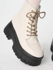 ROMWE Goth Women Heeled Sandals~ 2026 New Fashion Autumn And Winter Punk Style PU White British Style Riding Boots Inner Height-Increasing Muffin Thin Ankle Boots - White - View 3