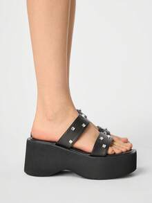Sugerpunk Women's Black Rhinestone Wedge Platform Slide Sandals - Black - View 4