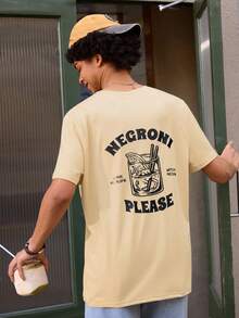 Open Phase 男士休闲圆领短袖字母印花T恤，夏季 - 杏色 - 查看 1