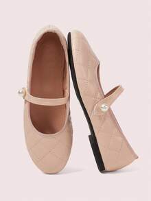 CUCCOO DOLLMOD Apricot Flat-Bottomed Commuter College Style Women's Fashion Simple Rhombus Pattern Shoes Women's Slip-On Versatile Ballet Shoes Mary Jane - Pink - View 1