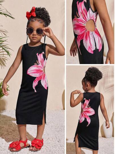 Young Girl Tropical Fuchsia Round Neck Waist Cutout A-Line Dress