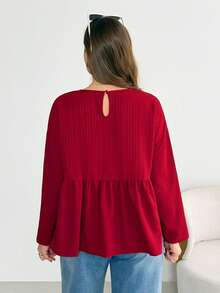 SHEIN Essnce 大码女装春秋季时尚休闲宽松舒适日常质感面料长袖荷叶边衬衫，奶油黄，秋季，返校季 - 酒紅色 - 查看 2