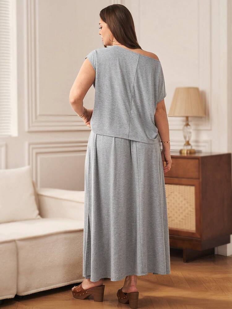Plus Size Women's Solid Color Asymmetric-Shoulder Short Sleeve T-Shirt And Waist Tie Midi Skirt Casual 2-Piece Set Women's Summer Dresses Women Elegant Outfits Women Casual Dresses Summer Outfits For Women Beach Outfit For Women Casual Vacation Outfits Women Country Concert Outfit Peplum
