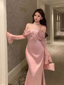 DAZY Women's Elegant Lace Patchwork Off Shoulder Mid-Length Dress, Suitable For Spring & Summer Sun Dresses For Women - Pink - View 4