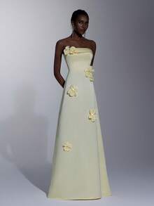 Elitara Elegant Formal Butter Yellow Spring Prom Wedding Satin Gown Handcrafted 3D Floral Strapless Back Tie A-Line Evening Dress With Short Train - Mustard Yellow - View 7