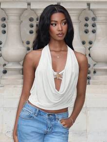 Mima John 女式前扭金属花朵装饰深垂领露背紧身上衣 - 白色 - 查看 6