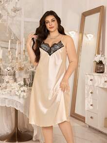 MuseNap CURVE 2 pièces Ensemble de robe de chambre et robe de chambre en faux soie de couleur champagne, design à taille nouée, poignets en dentelle noire, doublure avec garniture en dentelle, élégant et sexy, grande taille, vêtements de nuit pour femmes - Champagne - Voir 4