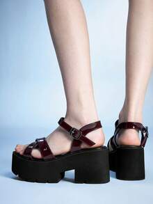 Sugerpunk Sandalias de plataforma y cuña casual de estilo punk y gótico vintage para mujer, con diseño de correa cruzada oscura y hebilla elástica, tacón grueso y punta abierta, estilo gladiador romano. - Burdeos - Ver 6