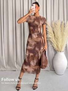 Lavishia 女士优雅艺术印花短袖连衣裙，适合通勤、外出、聚会和度假，春夏款 - 彩色 - 查看 8