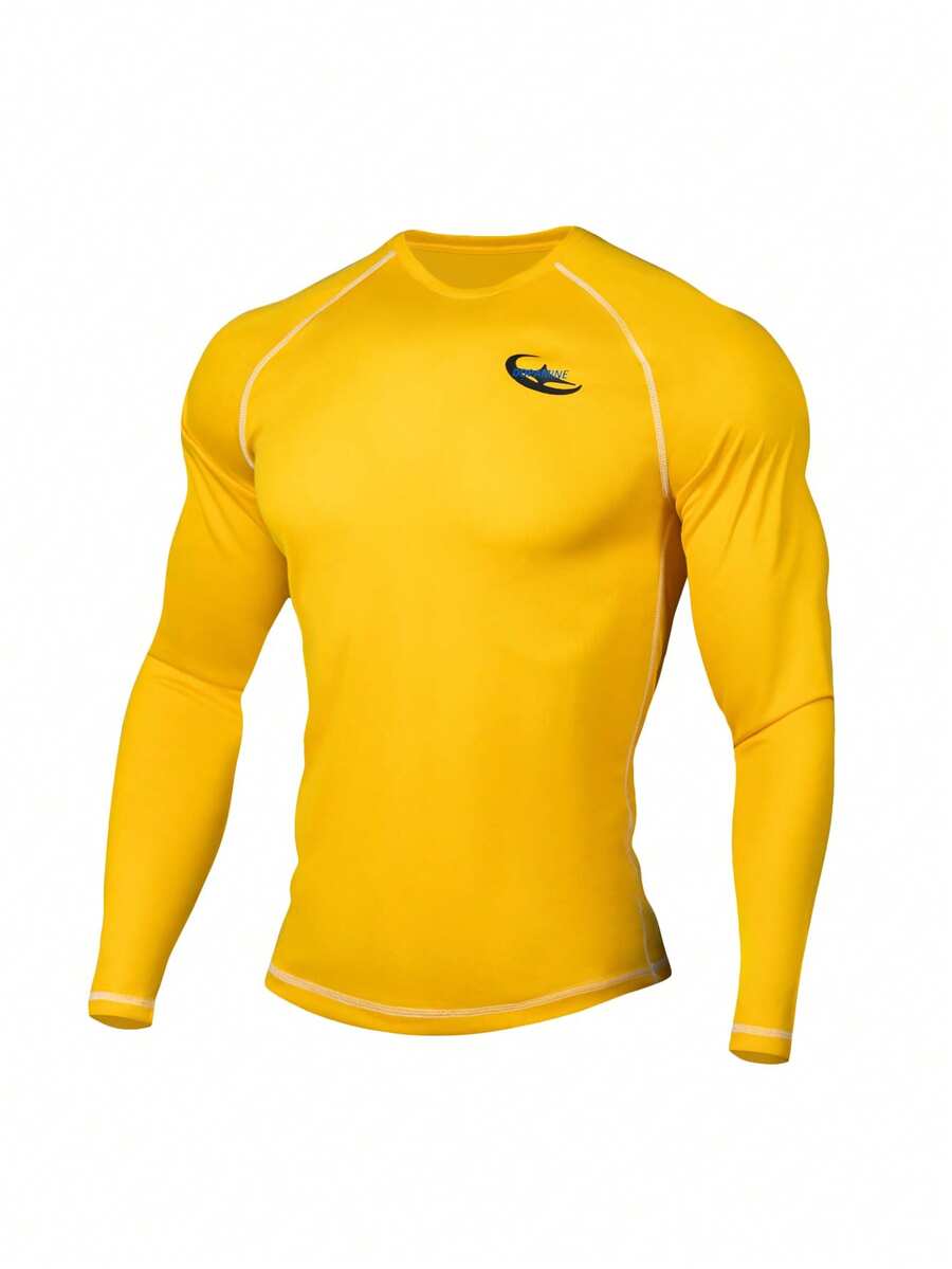 Manfinity Sport Polished Men's Letter Print Slim Fit Long Sleeve Athletic T-Shirt - Yellow - View 1