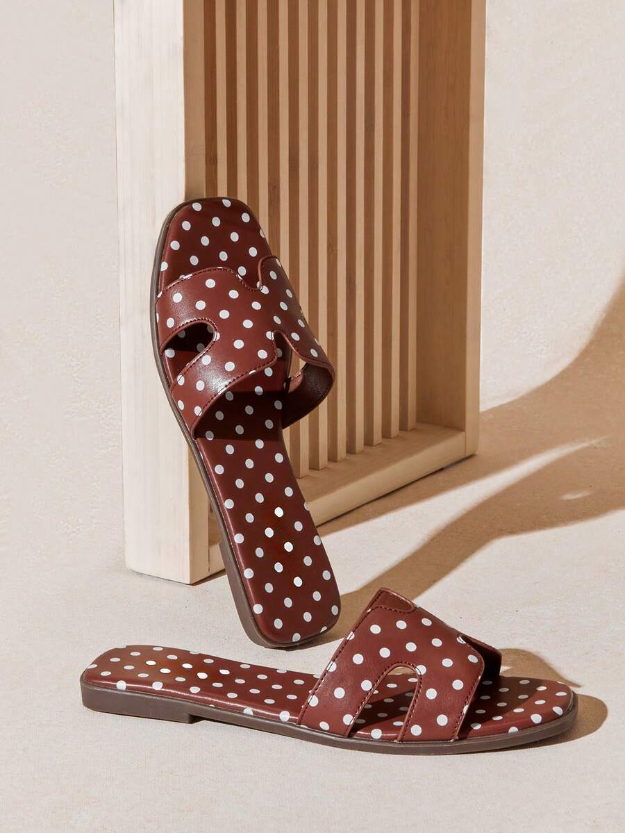 SHUZIA 女士波点镂空露趾软底棕色拖鞋 – 复古、艺术感十足且易于搭配，情人节必备 - 棕色 - 查看 1