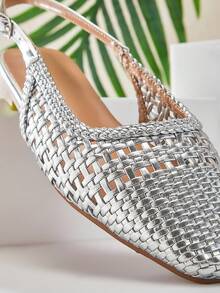 SHUZIA Ladies Elegant Crochet Woven PU Slingback Mules - Silver - View 7