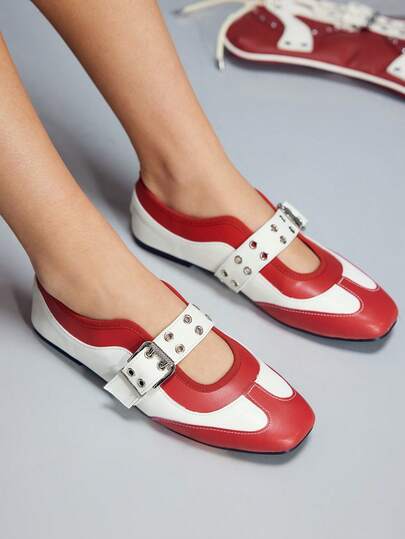 CUCCOO GRLICON Women's Buckle Decor Contrast Color Flat Loafers