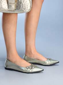 CUCCOO GRLICON Women's Rivet Decor Buckle Pointed Toe Flat Shoes Valentine's Day - Gold - View 4