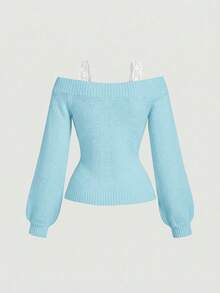 SHEIN MOD Áo len nữ màu xám phối ren đen 2 trong 1, thích hợp cho mùa thu/đông. - Màu xanh bạc hà - Xem 2