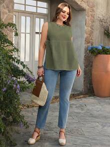 Rosumi Plus Size Women Solid Color Round Neck Side Tie Casual Loose Tank Top - Green - View 6