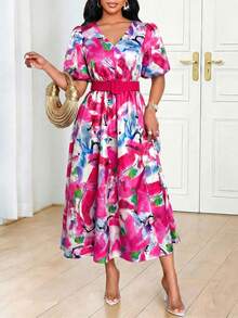 SHEIN Lady 女士V领短花瓣袖优雅中长印花连衣裙 - 粉色 - 查看 5