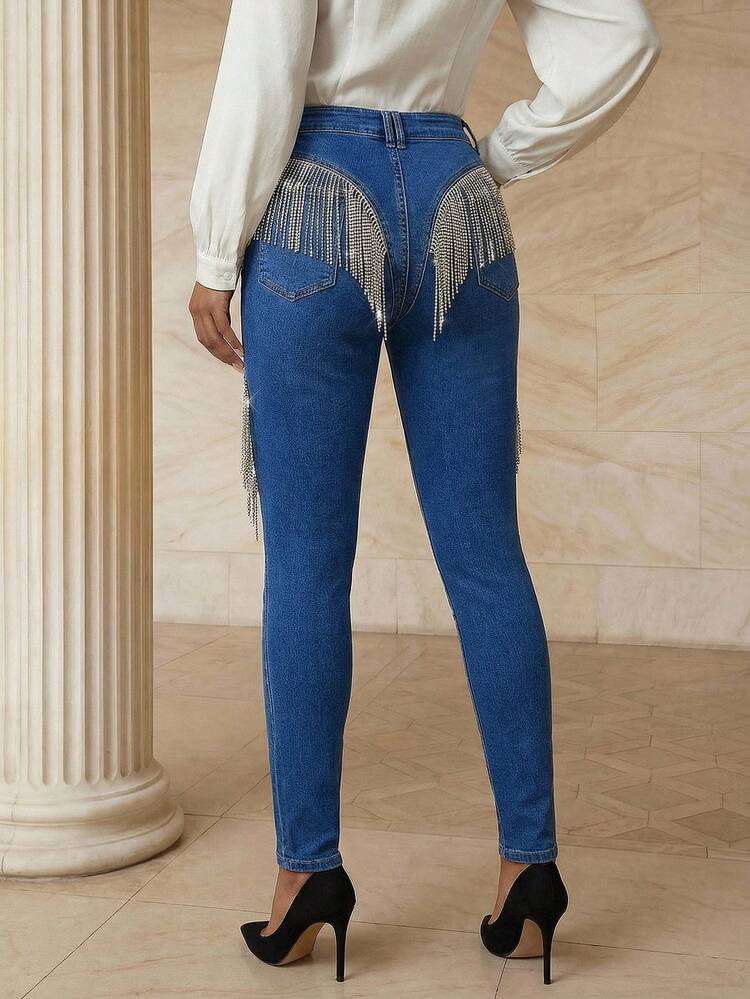 Women's Fashionable Glamorous Sexy Rhinestone Diamond Chain Romantic Party Blue Elastic Skinny Jeans Bling Jeans Jeans With Fringe
