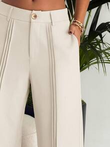 Ronhire 女士优雅知性职场通勤纯色褶裥装饰宽松阔腿西装裤（不含腰带） - 白色 - 查看 5