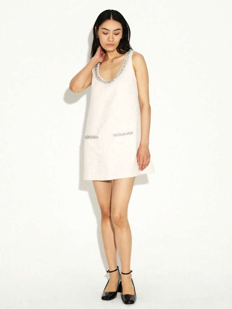 KSTM Elegant Sleeveless Mini Dress With Jewel Embellished Trim Crystal Detailing Scoop Neckline Party Evening Formal Special Occasion