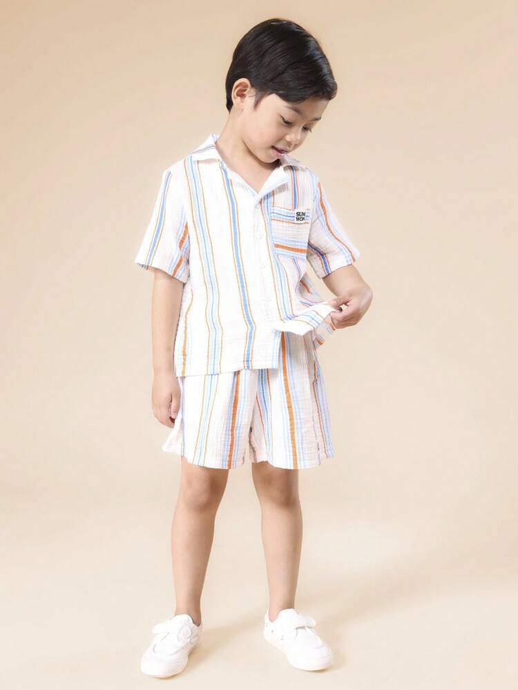 Boys Striped Collared Shirt Shorts Set Summer Casual Button Down Top Matching Bottom Outfit