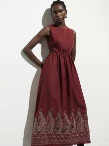 Aveloria Modichic Burgundy & Brick Red Gold 3D Floral & Vine Geometric Retro Embroidered Waist Hollow Out Round Neck Women's Dress, Vacation Casual Versatile Bohemian - Multicolor - View 6