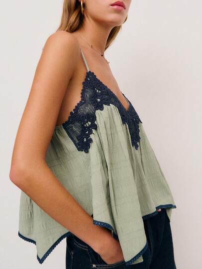 Nöista Camisole Top With A Navy Lace Trim Along The Neckline And Hem, Adjustables Straps On Back. Spring, Summer, Boho, Festival, Woman.