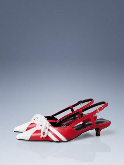 CUCCOO GRLICON Red & White Color Block Pointed Toe Lace-Up Decor Backless Kitten Heel Pumps For Women