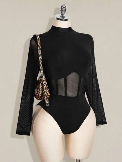 SHEIN ICON Women's Plus Size Retro Sexy Avant-Garde Bold Modern Fashion Millennial Style Y2K Mesh Patchwork Knit High Neck Long Sleeve Black Slim Fit Bodysuit