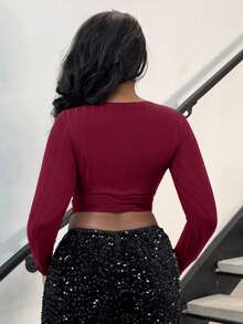 Alexandranx Surplice Neck Rib-Knit Crop Tee - Burgundy - View 2