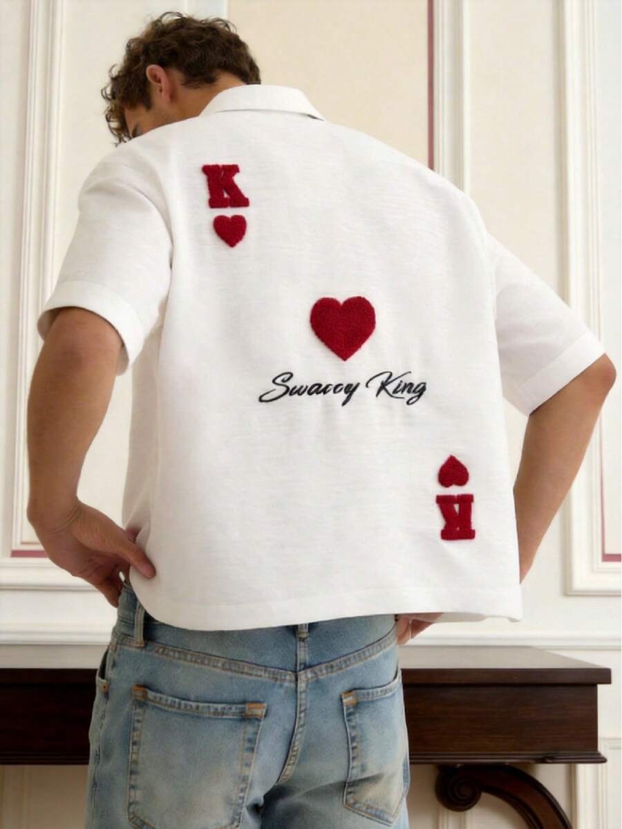 Manfinity Unisex Men's Turn-Down Collar Single-Breasted Letter & Heart Pattern Casual Versatile Daily Wear Short Sleeve Shirt - White - View 1