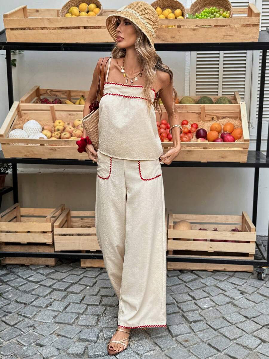 Selianne French Retro Style Women's Set, Strapless Camisole Top With Contrasting Ruffle Trim, Loose High Waist Pants With Pockets, Casual Vacation Wear For Summer - Apricot - View 1