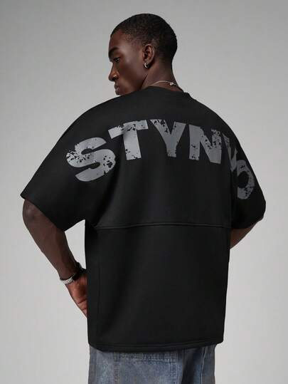 STYNVO 男士圆领短袖T恤，宽松蝙蝠袖，大号字母印花，黑色短袖T恤