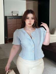 Vibekara Áo khoác dáng rộng thanh lịch, tay cánh hoa, eo thắt, thích hợp cho người đi làm, mùa hè. - Màu xanh lam - Xem 5