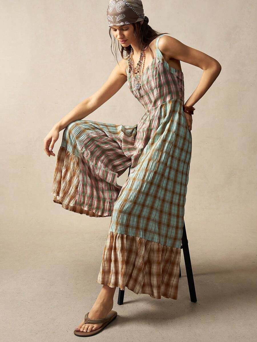 Bohemela Women's Casual Woven Plaid Patchwork Jumpsuit - Multicolor - View 1