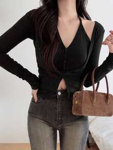 DAZY 2pcs/Set Sexy Design Long Sleeve T-Shirt, Neckline Decor, Slim Fit Casual Top For Women - Black - View 2