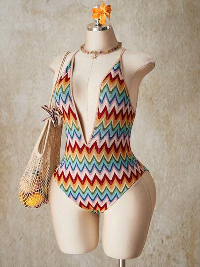 SHEIN ICON Women's Plus Size Retro Sexy Casual Beach Vacation Millennial Style Y2K Fashionable And Unique Colorful Wavy Striped Pattern Deep V-Neck Crossback Bodysuit