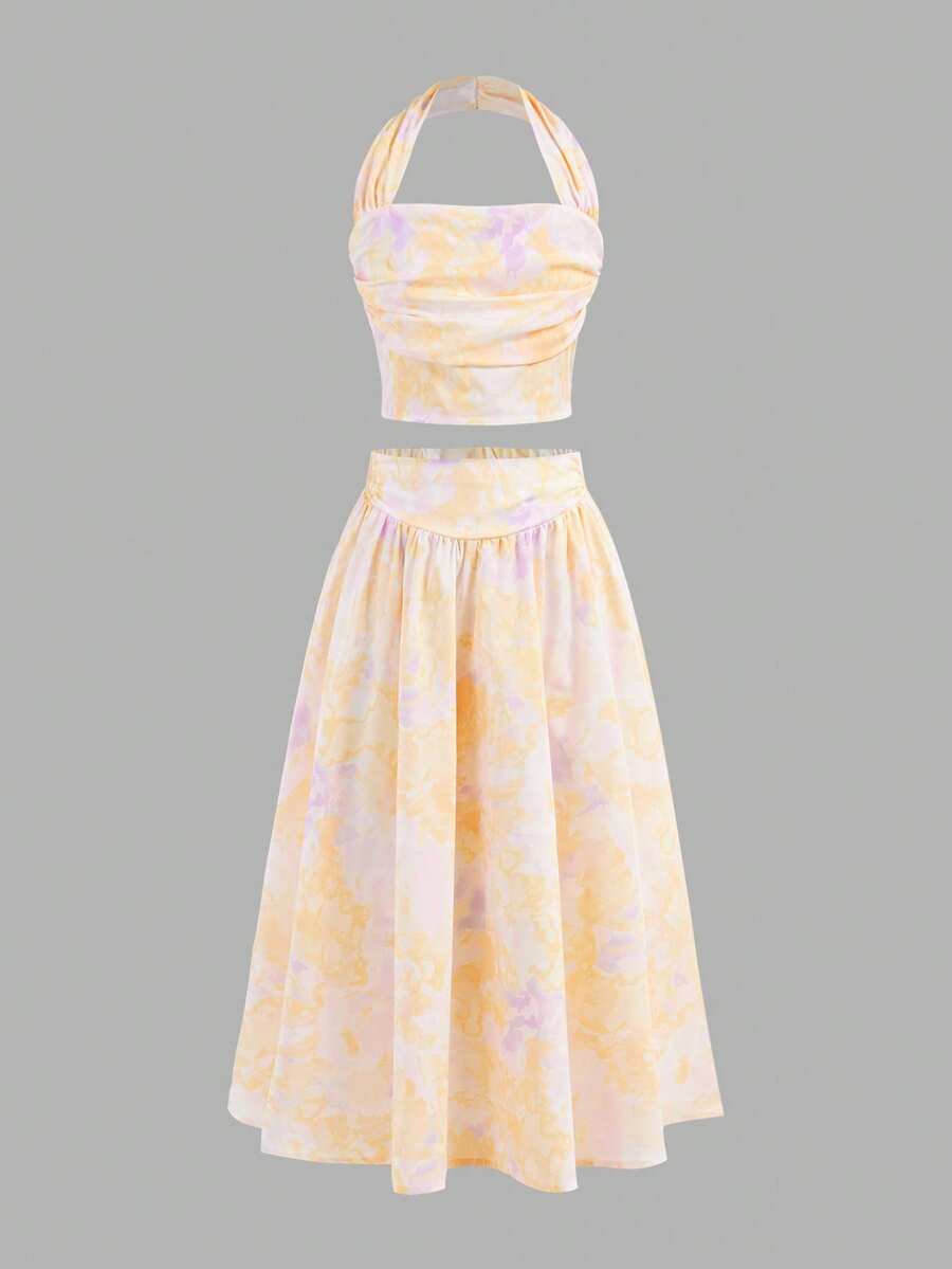 SHEIN Girlism Tween Girl Fitted Elegant Halter Backless Tank Top & Floral Print Skirt 2-Piece Set - Mustard Yellow - View 1