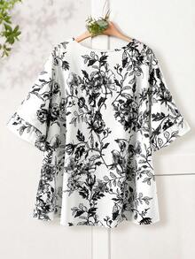 EMERY ROSE 大码卡其色叶子下摆短袖衬衫，简约时尚休闲日常度假穿搭，适合春夏穿着，西式女装，夏季沙滩装，夏季连衣裙，春季女装，度假装，蝴蝶连衣裙，母女装，亲子装，春季母女装，印花连衣裙，印花上衣，女士印花上衣，黑白上衣，荷叶边袖上衣，短袖上衣 - 彩色 - 查看 2