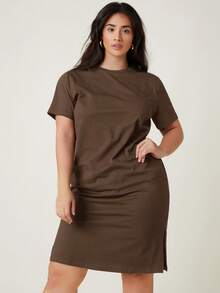 Plus Solid Split Hem Tee Dress - Brown - View 1